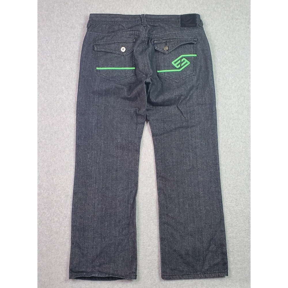 Enyce Jeans Mens Tag Sz 38x34 Fits 36X31 Straight Leg Green Stitch Black Denim